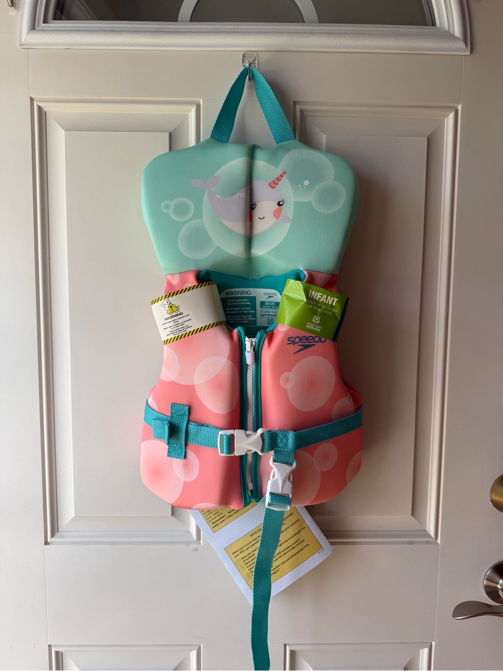 Speedo Infant PFD Life Jacket Pink & Teal Bubble Swim Vest w/Narwhal up to 30lbs
